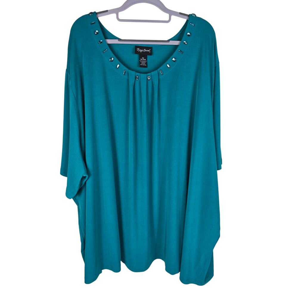 Maggie Barnes Teal Blue Beaded Neck Line Women's Short Sleeve Top 5X